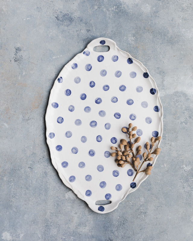 Polka dot Platter with side handles and pretty frilly edging (Larger 42cm Length)