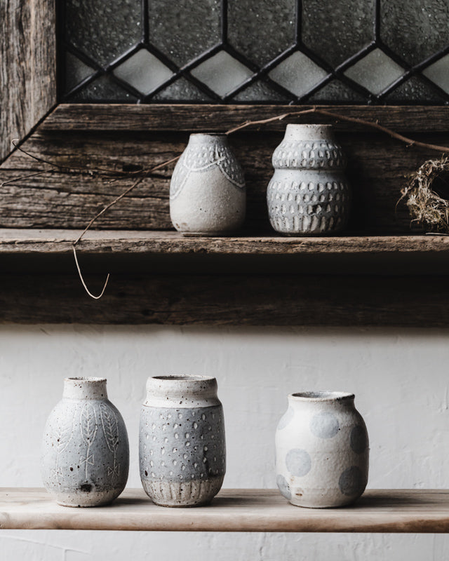 Rustic speckled grey and white wheelthrown bud vases by clay beehive ceramics