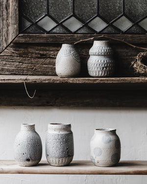 Rustic grey and white speckled grey and white bud vases wheelthrown by clay beehive ceramics