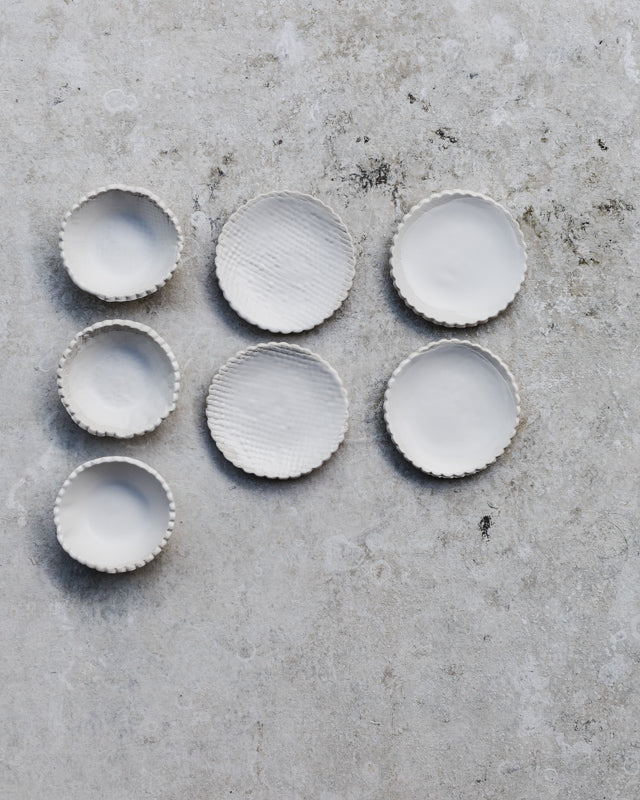 Satin white scallop rim salt dishes / plates hand made by clay beehive ceramics