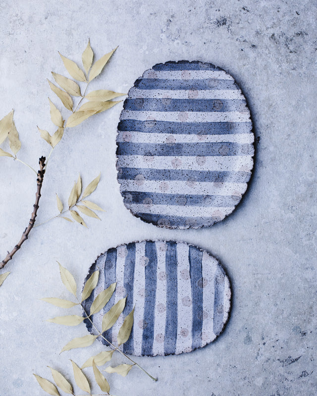 gritty rustic scalloped rim platter plates with lines and spots handmade by clay beehive ceramics
