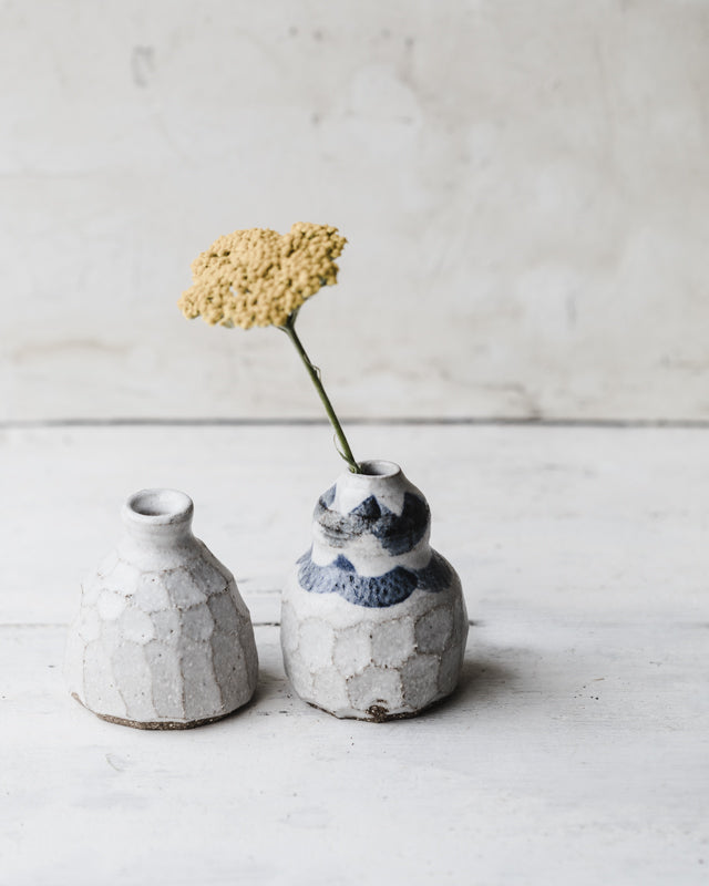 rustic wheel thrown bud vases with faceting in satin white by clay beehive ceramics