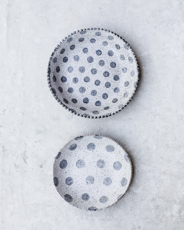 rustic farmhouse scallop rim bowls with speckles and spots by clay beehive ceramics