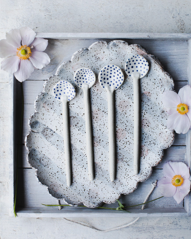 Navy blue polka dot spoons hand made by clay beehive ceramics