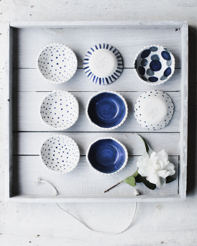 handmade salt dish/bowl blue and white with scallop rims by clay beehive ceramics