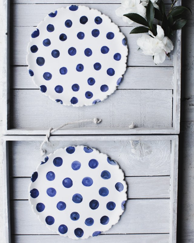 Navy Blue Polka Dot plates with scalloped rims 17cm