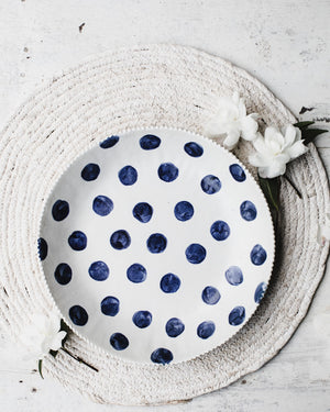 Navy Blue Polka Dot Bowls with textured rims hand made by clay beehive ceramics