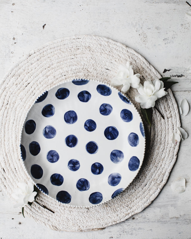 Navy Blue Polka Dot Bowls with textured rims hand made by clay beehive ceramics