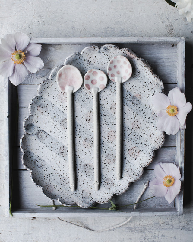 Handmade ceramic spoons pink and white by clay beehive ceramics