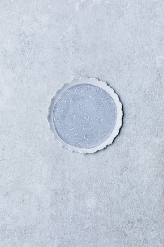scallop rim soft grey and white hand made plate with carved circles by clay beehive ceramics