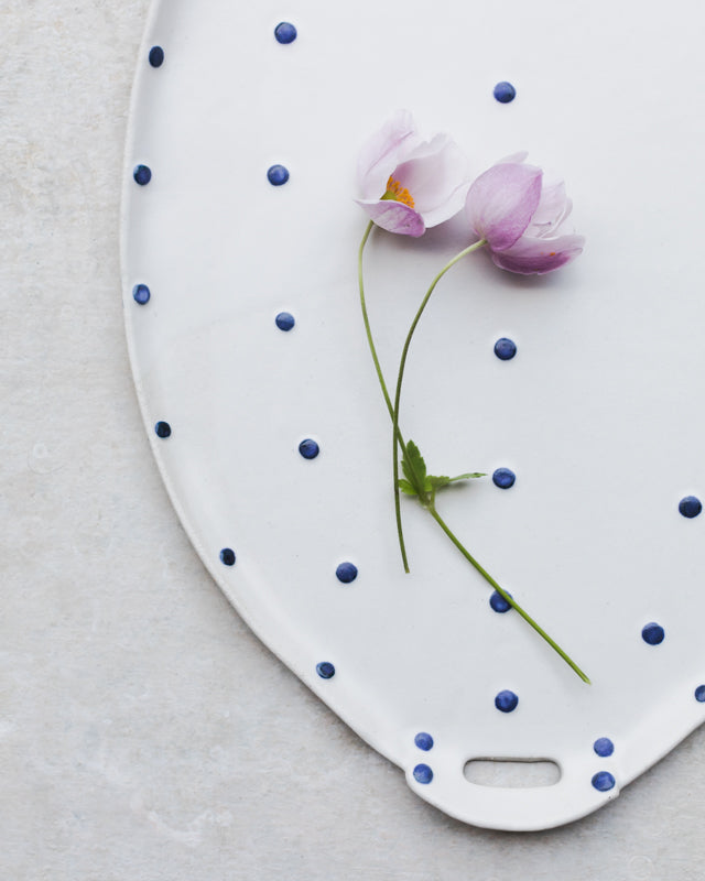 Hand made blue and white spot ceramic platter with cut out handles Made to Order by Clay Beehive 