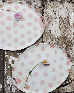 Pink polka dot handmade ceramic platter /cheese board with cut out handles by clay beehive