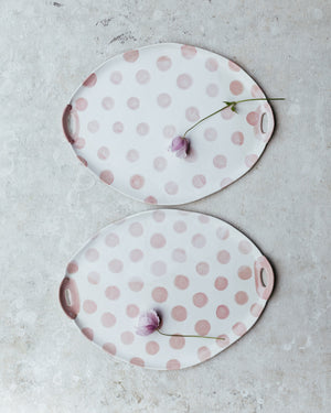 Pink polka dot handmade ceramic platter /cheese board with cut out handles by clay beehive
