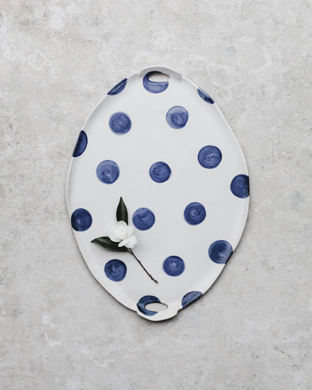 Blue Polka dot Platter with side handles (35cm Length)