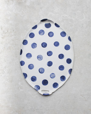 Navy Blue polka dot handmade ceramic platter /cheese board with cut out handles by clay beehive
