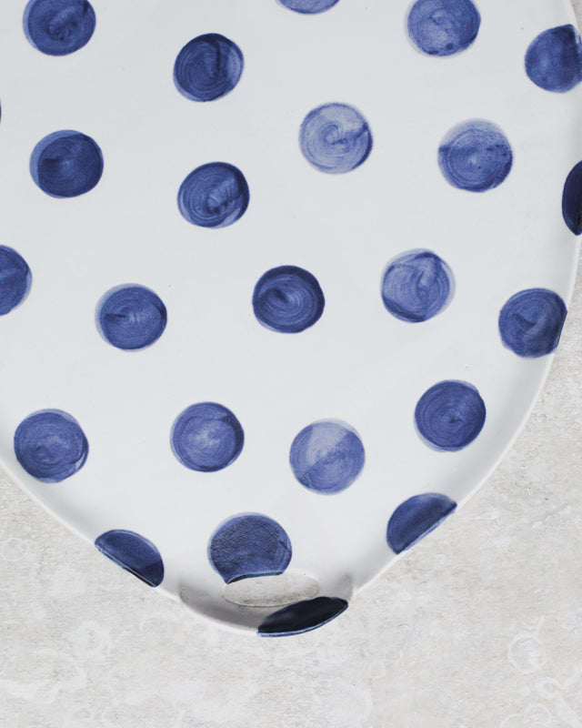 Navy Blue polka dot handmade ceramic platter /cheese board with cut out handles by clay beehive