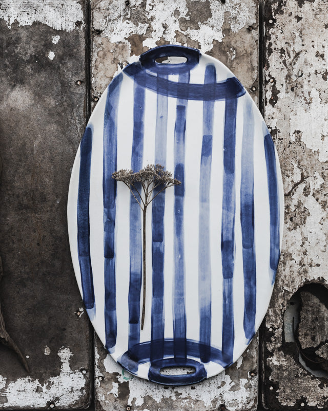 Navy stripe large handmade platter with handles by clay beehive