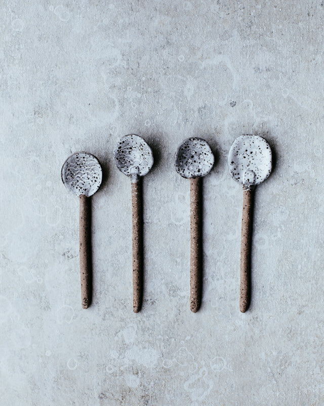 Carved rustic grey/white gritty hand made ceramic spoons by clay beehive