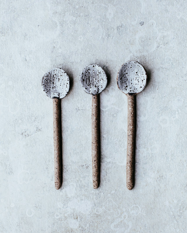 Rustic grey striped hand made ceramic spoons by clay beehive