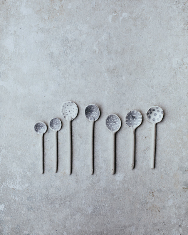 Grey and white ceramic spoons hand made by clay beehive ceramics