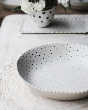 scallop rim large ceramic bowls in blue and white handmade by clay beehive