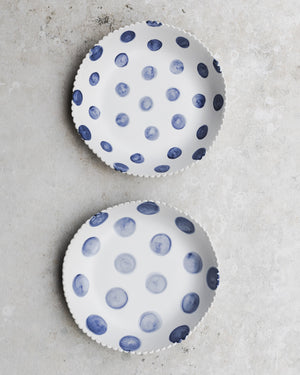 Scallop rim bowl with blue and white polka dot handmade by clay beehive 