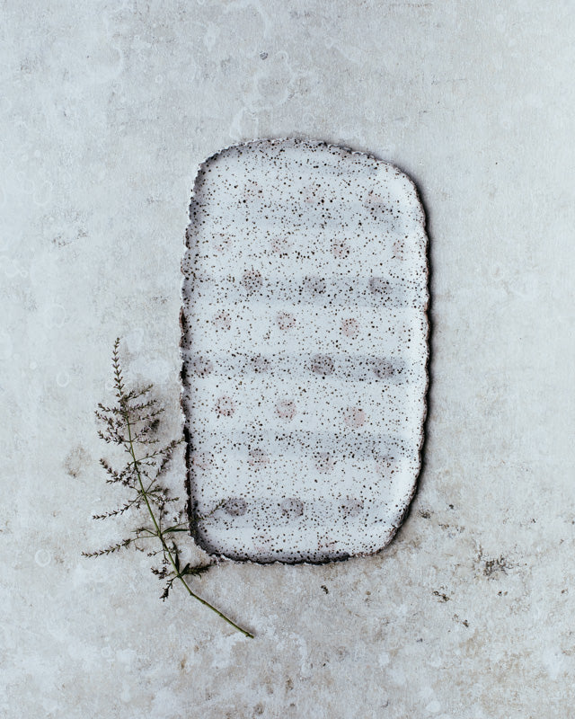 Rustic rectangular shaped hand made gritty platter with spots and stripes by clay beehive ceramics