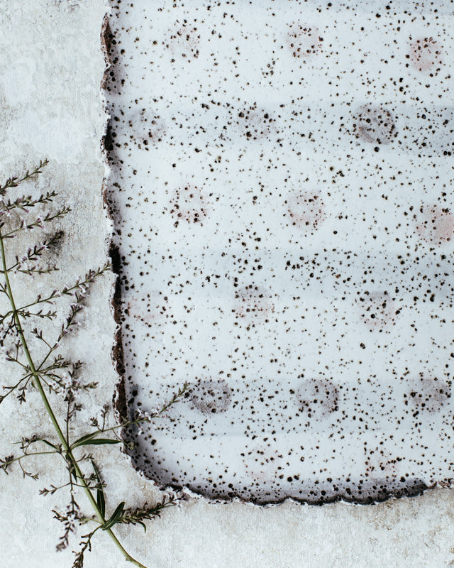 Rustic rectangular shaped hand made gritty platter with spots and stripes by clay beehive ceramics