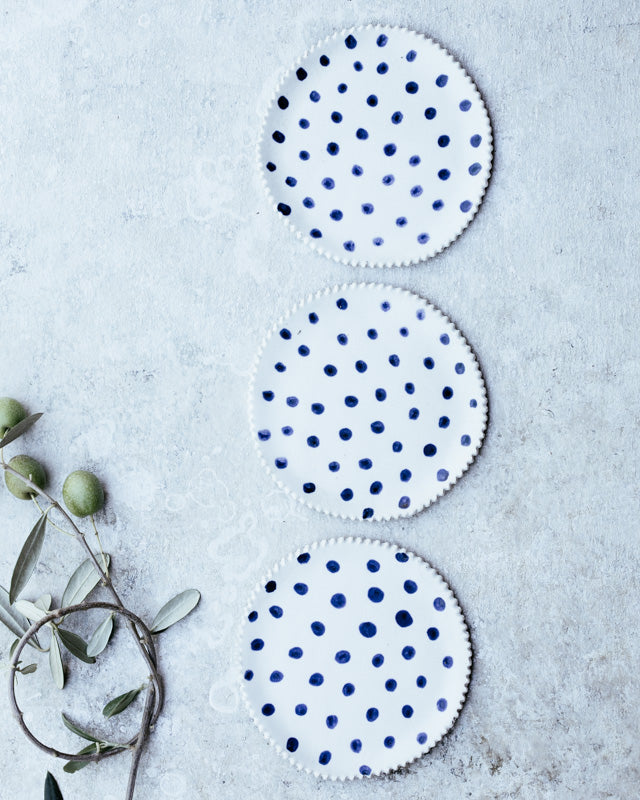 Navy dot & satin white plates 12cm with textured rims