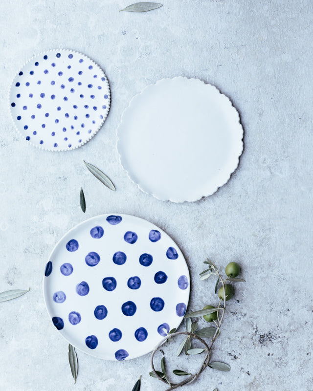 Navy Blue Polka dot & satin white scalloped rim plate