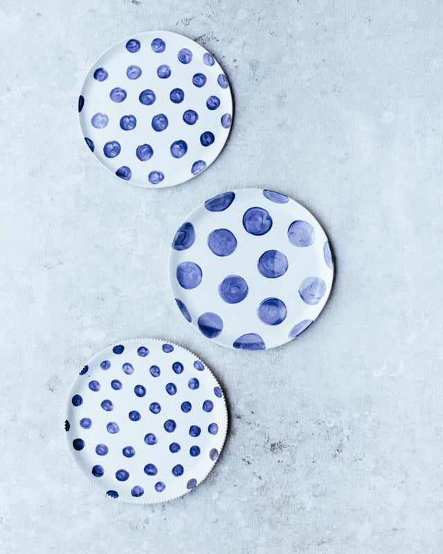 navy polka dot plates dinner sized handmade by clay beehive ceramics