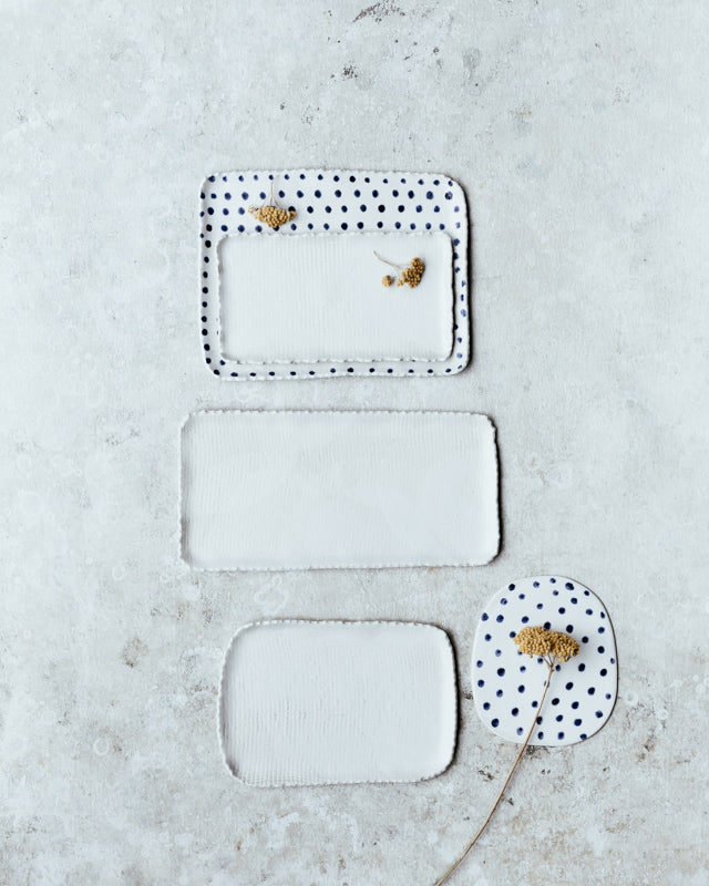 rectangular shaped hand made ceramic plates with textured edging blue and white by clay beehve 