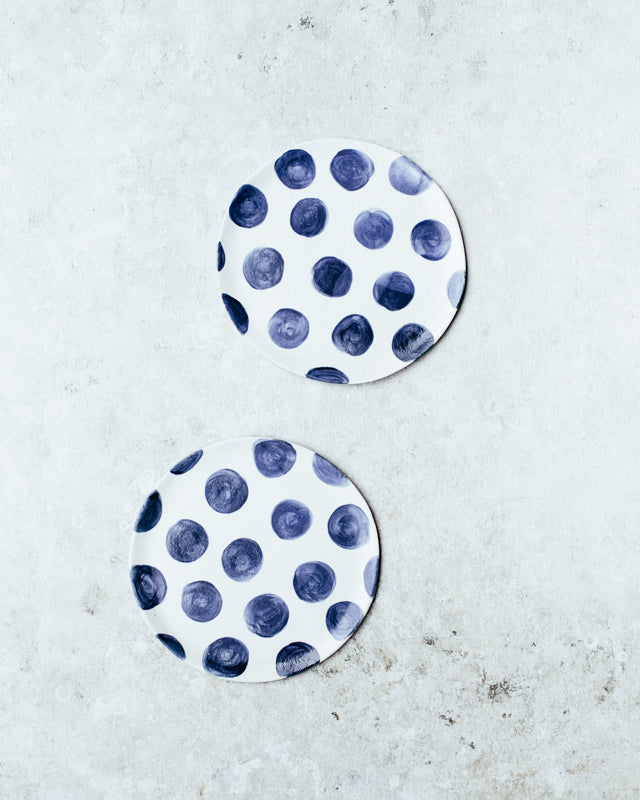 Navy blue polka dot side plates 20cm hand made by clay beehive ceramics