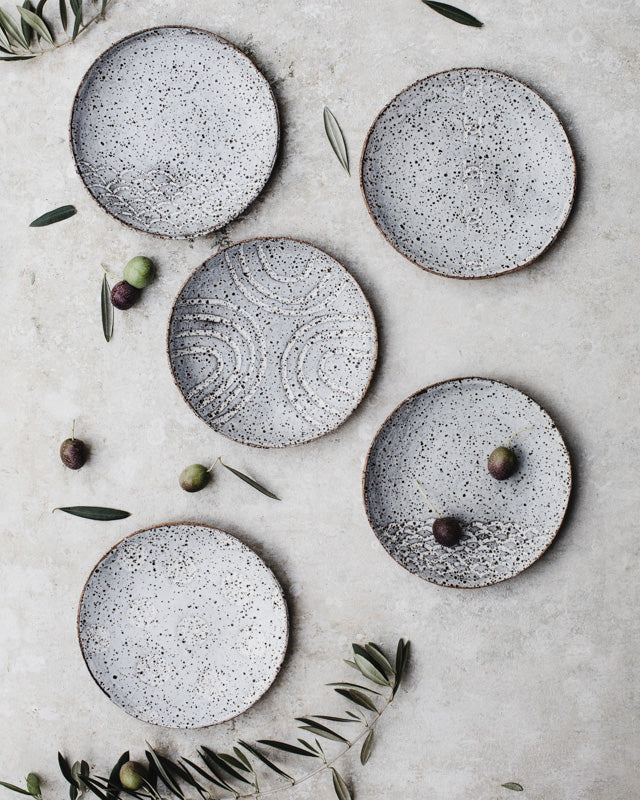 rustic speckled grey / white tapas hand made carved plates/bowls by clay beehive 