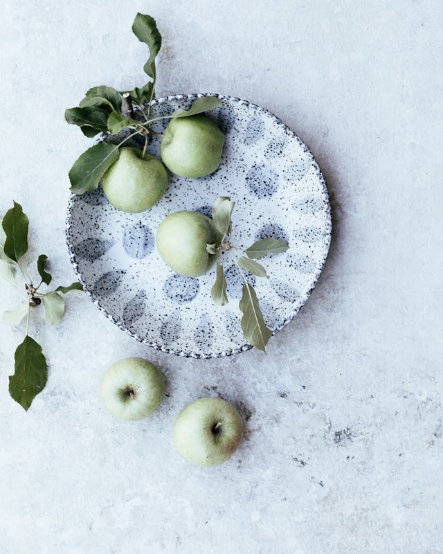 ceramic handmade large rustic bowl with scallop rim and polka dots hand made by clay beehive