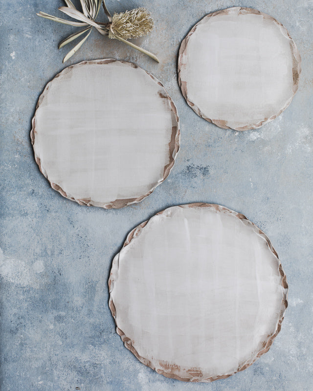 Earthy organic rimmed plates 20cm/25cm/30cm with satin white glaze