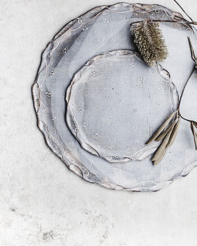 Large platter plate with carved rim and raked textures by clay beehive ceramics