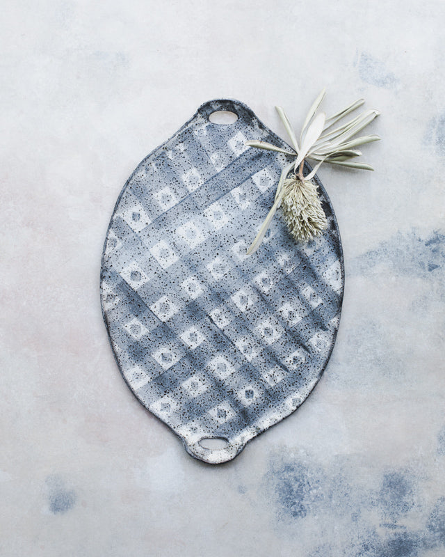 Handmade ceramic platter with rustic diamond/plaid decoration by Clay Beehive