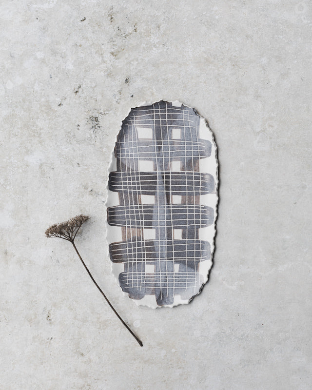 satin white and grey hand made oval textured tartan patterned plate by clay beehive ceramics