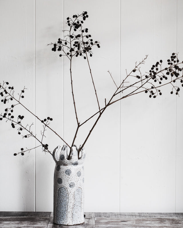 Large rustic polka dot vase with deeply carved scallop rim - 26cm Tall