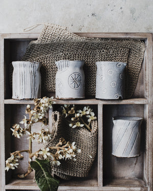 Hand made ceramic farmhouse pourers/jugs by clay beehive in rustic grey white matte glaze