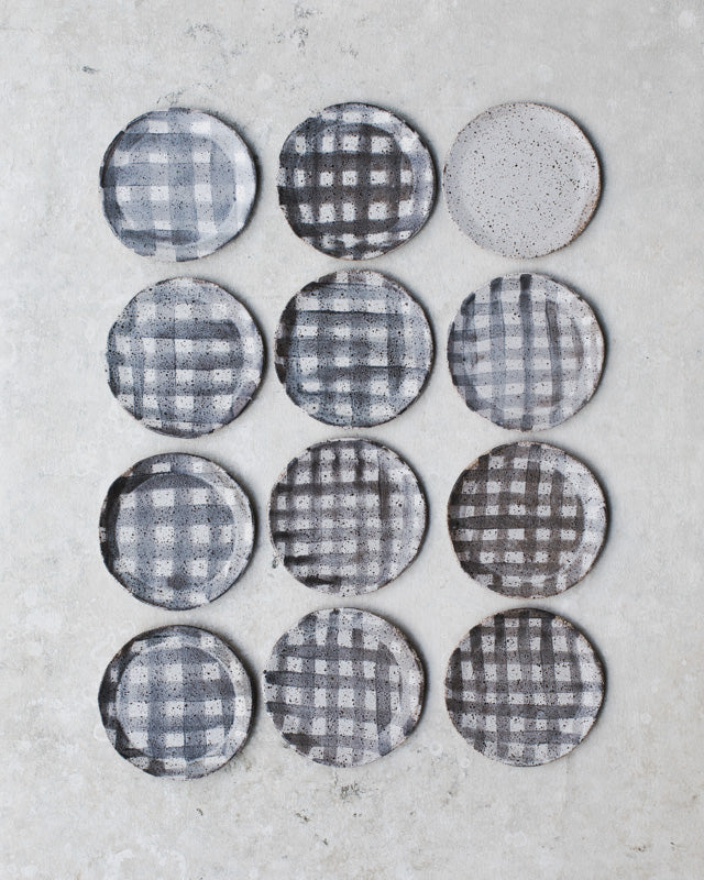 rustic handmade ceramic plates with patterns of tartan/plaid by clay beehive ceramics