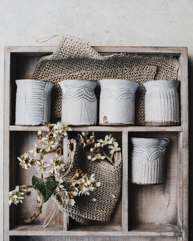 Hand made ceramic farmhouse pourers/jugs by clay beehive in rustic grey white matte glaze