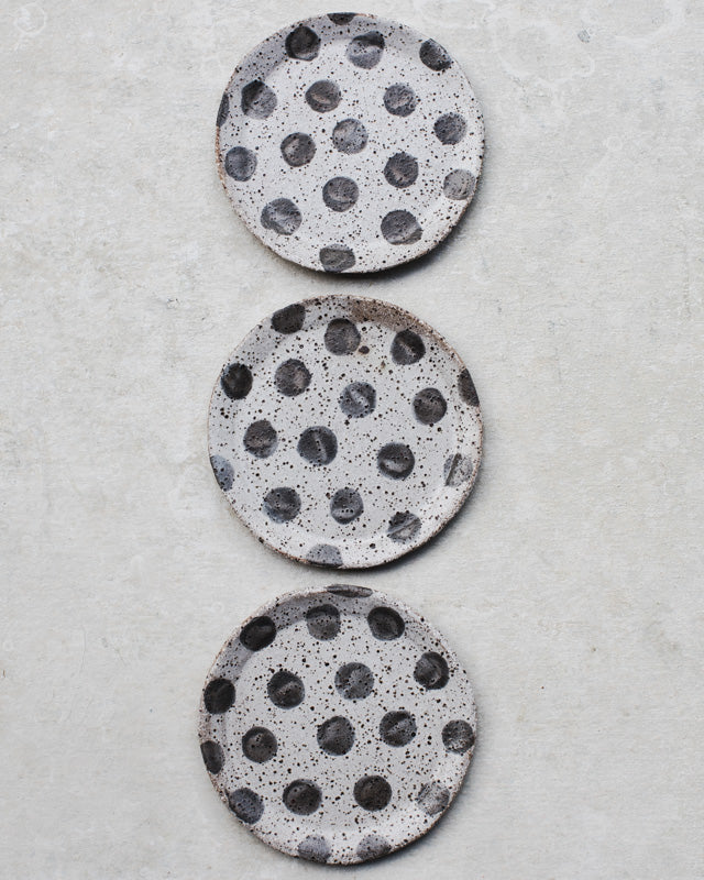 Small handmade treat plates with rustic clay and polka dots by clay beehive ceramics
