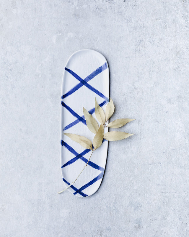 Coastal inspired Blue lines oval small platter plate by clay beehive ceramics
