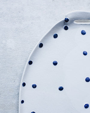 Blue and white textured navy spot platter hand made by clay beehive ceramics