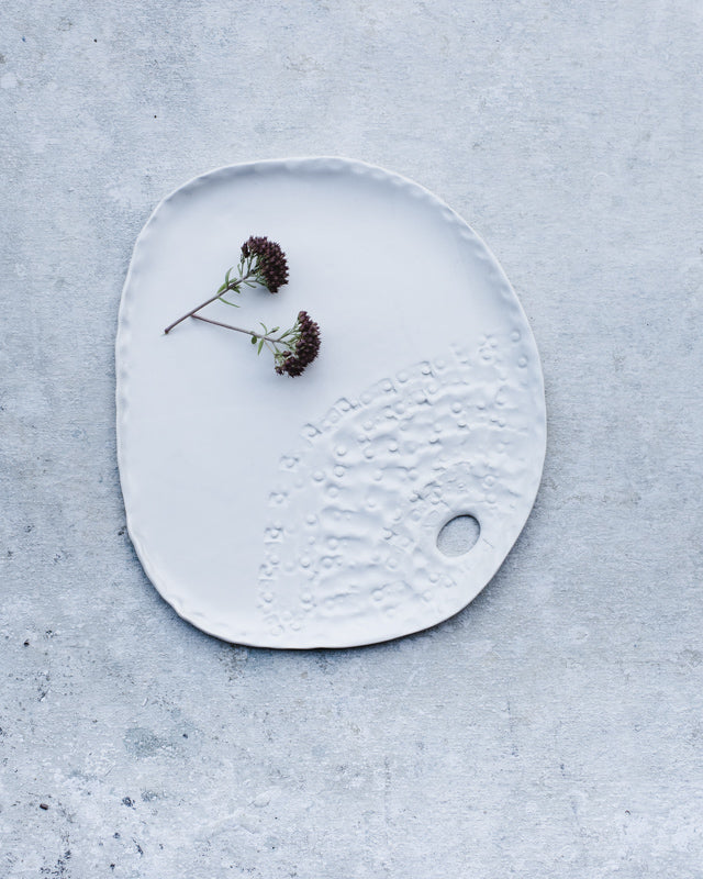satin white hand made ceramic plate / small platter with texured surface by clay beehive ceramics