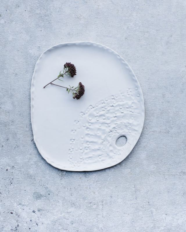 satin white hand made ceramic plate / small platter with texured surface by clay beehive ceramics