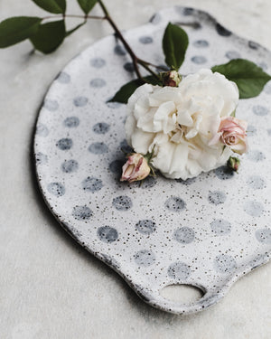 Rustic gritty handmade polka dot platter with handles by clay beehive ceramics