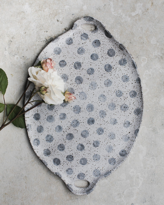Rustic gritty handmade polka dot platter with handles by clay beehive ceramics
